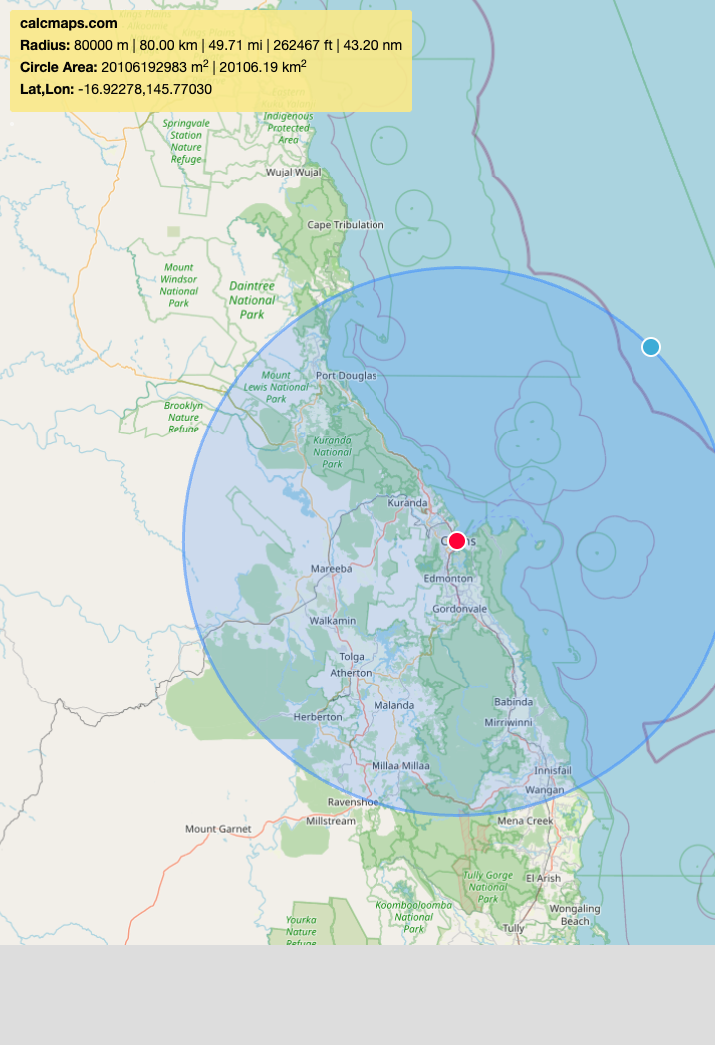 80km radius from Cairns